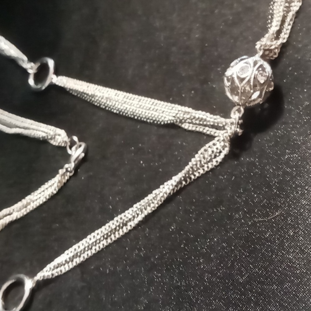 Two Tone, Crystal ,Tassel Necklace Silver & Black Layered 26 Inches Long